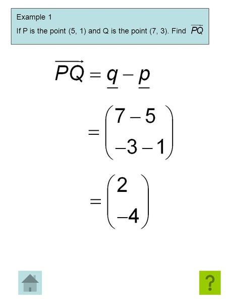 Example 1 If P is the point (5, 1) and Q is the point (7, 3). Find.