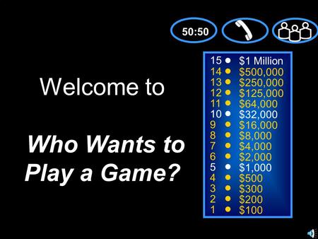 15 14 13 12 11 10 9 8 7 6 5 4 3 2 1 $1 Million $500,000 $250,000 $125,000 $64,000 $32,000 $16,000 $8,000 $4,000 $2,000 $1,000 $500 $300 $200 $100 Welcome.