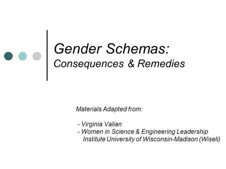 Gender Schemas: Consequences & Remedies Materials Adapted from: - Virginia Valian - Women in Science & Engineering Leadership Institute University of Wisconsin-Madison.