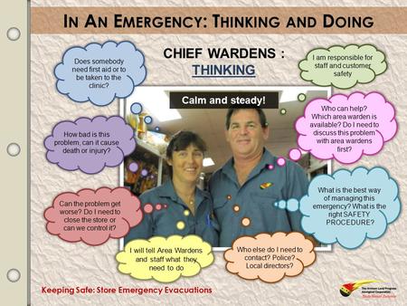 Keeping Safe: Store Emergency Evacuations I N A N E MERGENCY : T HINKING AND D OING Does somebody need first aid or to be taken to the clinic? I am responsible.