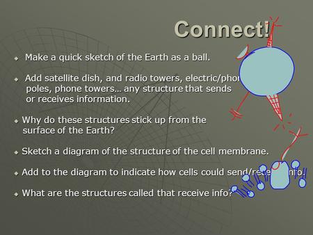 Connect!  Make a quick sketch of the Earth as a ball.  Add satellite dish, and radio towers, electric/phone poles, phone towers… any structure that sends.