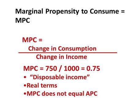 MPC = Change in Consumption Change in Income Marginal Propensity to Consume = MPC MPC = 750 / 1000 = 0.75 “Disposable income” Real terms MPC does not equal.