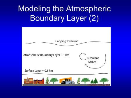 Modeling the Atmospheric Boundary Layer (2). Review of last lecture Reynolds averaging: Separation of mean and turbulent components u = U + u’, = 0 Intensity.