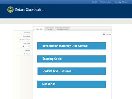 Introduction to Rotary Club CentralEntering GoalsDistrict-level FeaturesQuestions.