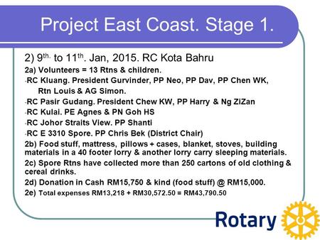 Project East Coast. Stage 1. 2) 9 th. to 11 th. Jan, 2015. RC Kota Bahru 2a) Volunteers = 13 Rtns & children. - RC Kluang. President Gurvinder, PP Neo,