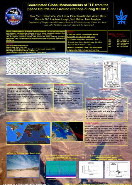 Coordinated Global Measurements of TLE from the Space Shuttle and Ground Stations during MEIDEX Yoav Yair 1, Colin Price, Zev Levin, Peter Israelevitch,