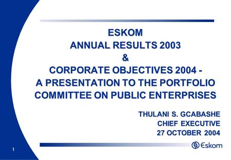 1 ESKOM ANNUAL RESULTS 2003 & CORPORATE OBJECTIVES 2004 - A PRESENTATION TO THE PORTFOLIO COMMITTEE ON PUBLIC ENTERPRISES THULANI S. GCABASHE CHIEF EXECUTIVE.