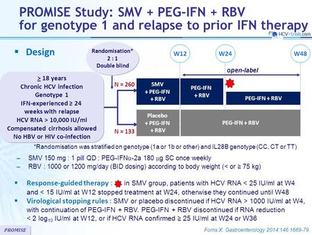 Randomisation* 2 : 1 Double blind *Randomisation was stratified on genotype (1a or 1b or other) and IL28B genotype (CC, CT or TT) N = 133 N = 260 W24W48.