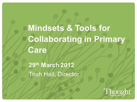 Mindsets & Tools for Collaborating in Primary Care 29 th March 2012 Trish Hall, Director.