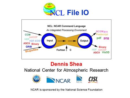 File IO Dennis Shea National Center for Atmospheric Research pdf Vis5D png NCAR is sponsored by the National Science Foundation Shapefiles.