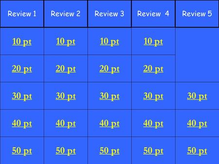 20 pt 30 pt 40 pt 50 pt 10 pt 20 pt 30 pt 40 pt 50 pt 10 pt 20 pt 30 pt 40 pt 50 pt 10 pt Review 1Review 2Review 3Review 4Review 5 10 pt 20 pt 30 pt 40.