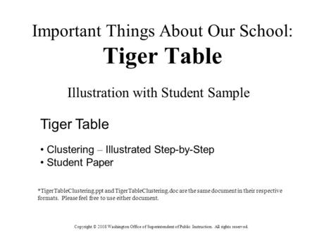 Important Things About Our School: Tiger Table Illustration with Student Sample Copyright © 2008 Washington Office of Superintendent of Public Instruction.