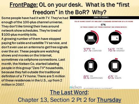 FrontPage: OL on your desk. What is the “first freedom” in the BoR? Why? The Last Word: Chapter 13, Section 2 Pt 2 for Thursday Some people have had it.