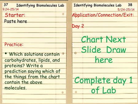 37 38 9.24-25/14 9/18/13 Starter: Practice: Which solutions contain carbohydrates, lipids, and proteins? Write a prediction saying which of the things.