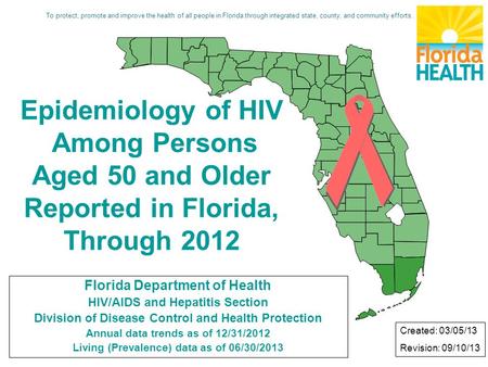 Florida Department of Health HIV/AIDS and Hepatitis Section Division of Disease Control and Health Protection Annual data trends as of 12/31/2012 Living.