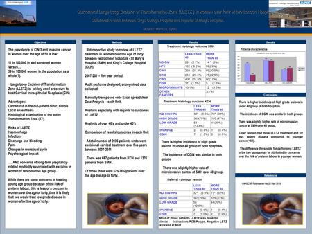 TEMPLATE DESIGN © 2008 www.PosterPresentations.com Outcome of Large Loop Excision of Transformation Zone (LLETZ ) in women over forty at two London Hospitals.