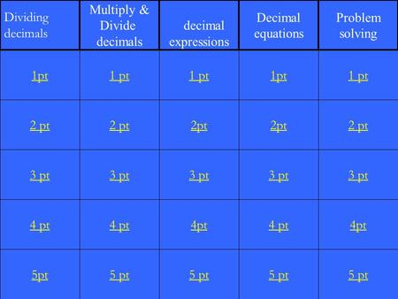 2 pt 3 pt 4 pt 5pt 1 pt 2 pt 3 pt 4 pt 5 pt 1 pt 2pt 3 pt 4pt 5 pt 1pt 2pt 3 pt 4 pt 5 pt 1 pt 2 pt 3 pt 4pt 5 pt 1pt Dividing decimals Multiply & Divide.