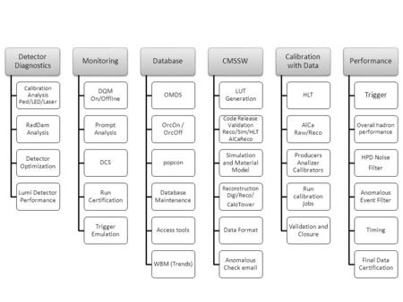Detector Diagnostics Calibration Analysis Ped/LED/Laser RadDam Analysis Detector Optimization Lumi Detector Performance Monitoring DQM On/Offline Prompt.