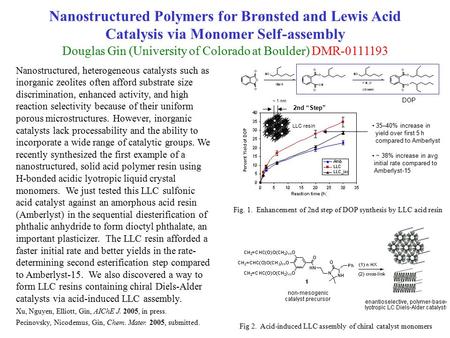 Nanostructured Polymers for Brønsted and Lewis Acid Catalysis via Monomer Self-assembly Douglas Gin (University of Colorado at Boulder) DMR-0111193 Nanostructured,