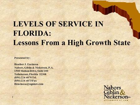 1 LEVELS OF SERVICE IN FLORIDA: Lessons From a High Growth State Presented by: Heather J. Encinosa Nabors, Giblin & Nickerson, P.A. 1500 Mahan Drive, Suite.