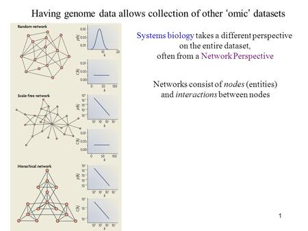 1 Having genome data allows collection of other ‘omic’ datasets Systems biology takes a different perspective on the entire dataset, often from a Network.