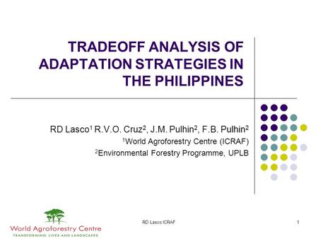 RD Lasco ICRAF1 TRADEOFF ANALYSIS OF ADAPTATION STRATEGIES IN THE PHILIPPINES RD Lasco 1 R.V.O. Cruz 2, J.M. Pulhin 2, F.B. Pulhin 2 1 World Agroforestry.