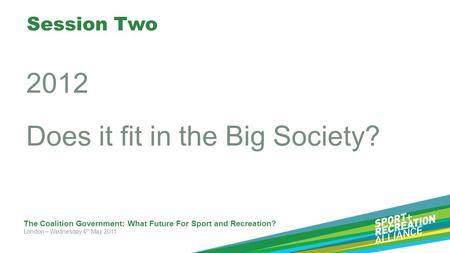 The Coalition Government: What Future For Sport and Recreation? London – Wednesday 4 th May 2011 Session Two 2012 Does it fit in the Big Society?