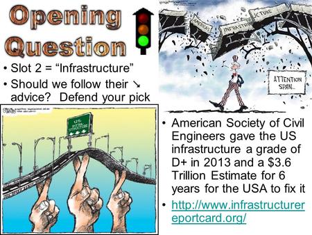 American Society of Civil Engineers gave the US infrastructure a grade of D+ in 2013 and a $3.6 Trillion Estimate for 6 years for the USA to fix it