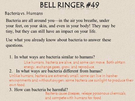 Bacteria vs. Humans Bacteria are all around you—in the air you breathe, under your feet, on your skin, and even in your body! They may be tiny, but they.