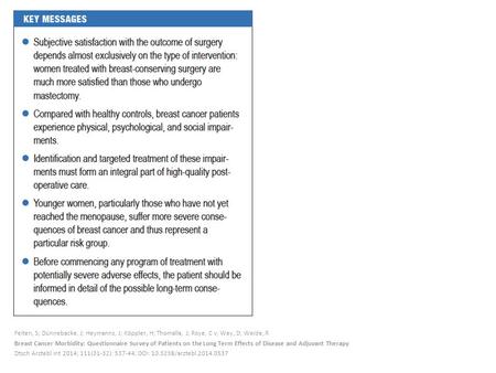 Feiten, S; Dünnebacke, J; Heymanns, J; Köppler, H; Thomalla, J; Roye, C v; Wey, D; Weide, R Breast Cancer Morbidity: Questionnaire Survey of Patients on.