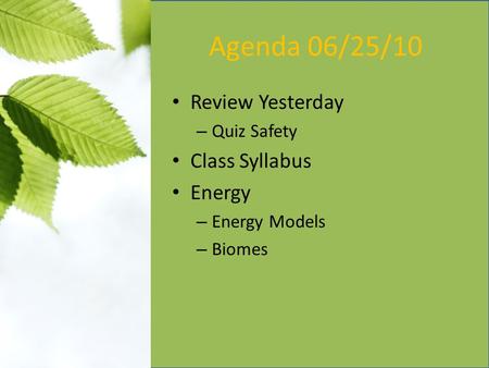 Agenda 06/25/10 Review Yesterday – Quiz Safety Class Syllabus Energy – Energy Models – Biomes.