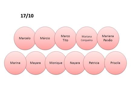 Marcelo Márcio Marco Tito Marco Tito Mariana Cerqueira Mariana Paixão Mayara Monique Nayara Patricia Marina Priscila 17/10.