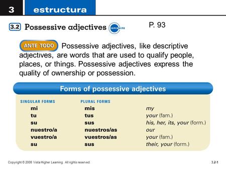 P. 93 Possessive adjectives, like descriptive adjectives, are words that are used to qualify people, places, or things. Possessive adjectives express the.