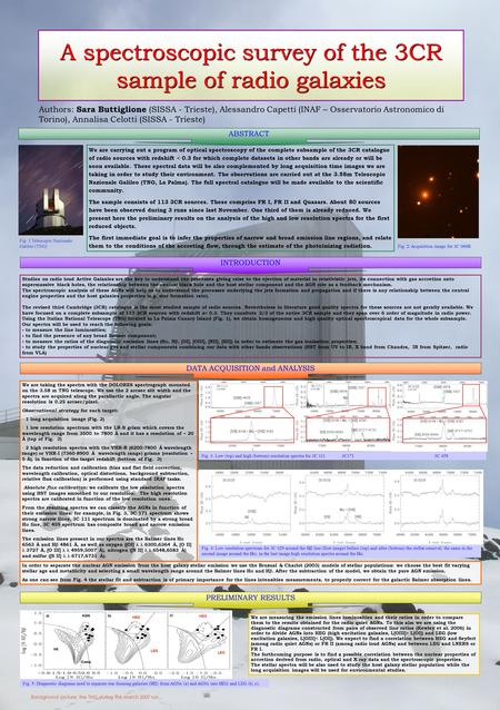 A spectroscopic survey of the 3CR sample of radio galaxies Authors: Sara Buttiglione (SISSA - Trieste), Alessandro Capetti (INAF – Osservatorio Astronomico.