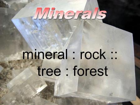 Mineral : rock :: tree : forest.  pure, solid compound  non-biological processes (life does not assist in the process of formation)  very ordered molecular/atomic.