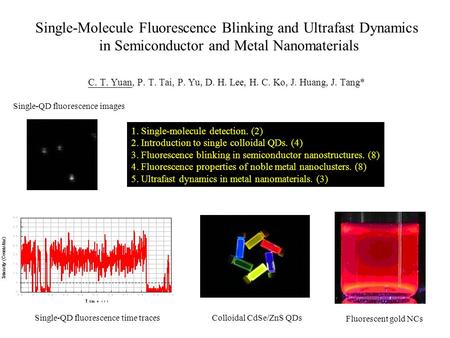 Single-Molecule Fluorescence Blinking and Ultrafast Dynamics in Semiconductor and Metal Nanomaterials C. T. Yuan, P. T. Tai, P. Yu, D. H. Lee, H. C. Ko,