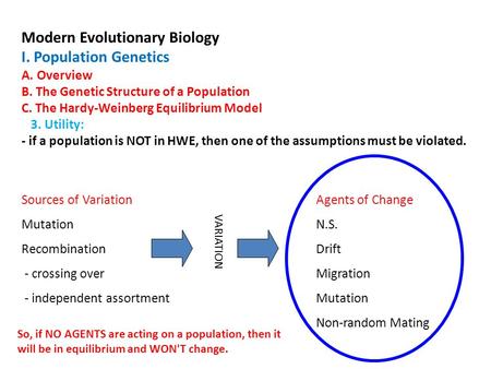 Sources of VariationAgents of Change MutationN.S. RecombinationDrift - crossing overMigration - independent assortmentMutation Non-random Mating VARIATION.