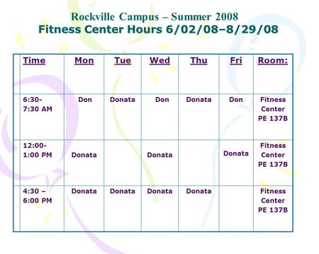 Fitness Center Hours 6/02/08–8/29/08 Rockville Campus – Summer 2008 TimeMonTueWedThuFriRoom: 6:30- 7:30 AM DonDonata DonDonataDonFitness Center PE 137B.