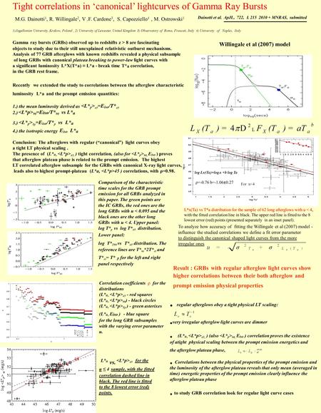 Tight correlations in ‘canonical’ lightcurves of Gamma Ray Bursts M.G. Dainotti 1, R. Willingale 2, V.F. Cardone 3, S. Capozziello 4, M. Ostrowski 1 Dainotti.