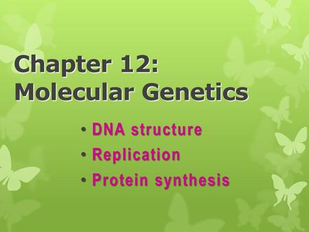 Chapter 12: Molecular Genetics DNA structure DNA structure Replication Replication Protein synthesis Protein synthesis.