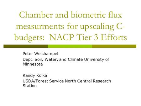 Chamber and biometric flux measurments for upscaling C- budgets: NACP Tier 3 Efforts Peter Weishampel Dept. Soil, Water, and Climate University of Minnesota.