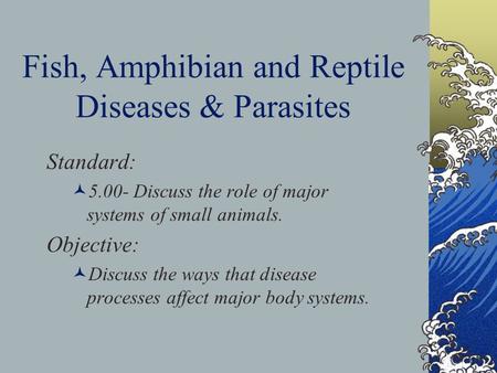 Fish, Amphibian and Reptile Diseases & Parasites Standard: 5.00- Discuss the role of major systems of small animals. Objective: Discuss the ways that disease.