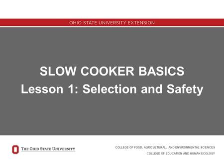 SLOW COOKER BASICS Lesson 1: Selection and Safety COLLEGE OF FOOD, AGRICULTURAL, AND ENVIRONMENTAL SCIENCES COLLEGE OF EDUCATION AND HUMAN ECOLOGY.