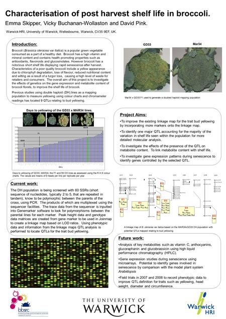 Characterisation of post harvest shelf life in broccoli. Emma Skipper, Vicky Buchanan-Wollaston and David Pink. Warwick HRI, University of Warwick, Wellesbourne,