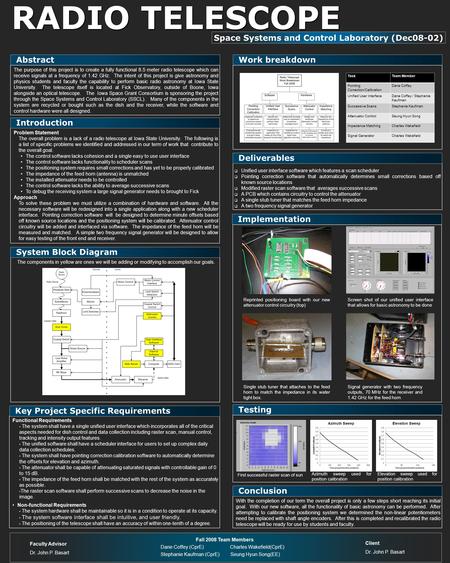 Abstract The purpose of this project is to create a fully functional 8.5 meter radio telescope which can receive signals at a frequency of 1.42 GHz. The.