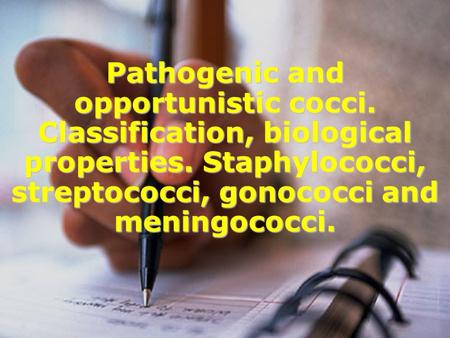 Pathogenic and opportunistic cocci. Classification, biological properties. Staphylococci, streptococci, gonococci and meningococci.