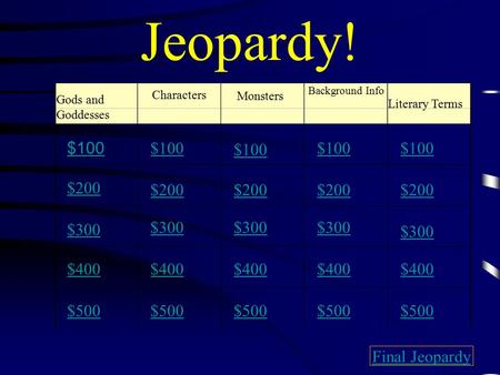 Jeopardy! Gods and Goddesses Monsters Background Info Literary Terms $100 $200 $300 $400 $500 $100 $200 $300 $400 $500 Final Jeopardy Characters.