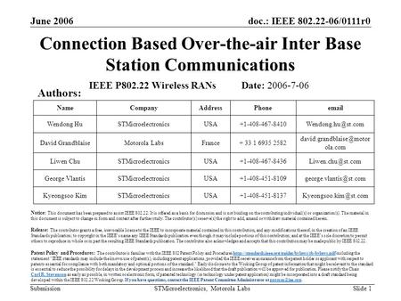 Doc.: IEEE 802.22-06/0111r0 Submission June 2006 STMicroelectronics, Motorola Labs Slide 1 Connection Based Over-the-air Inter Base Station Communications.