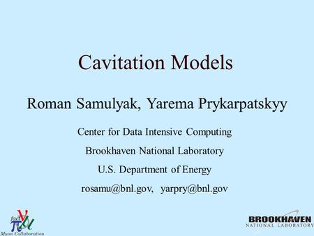 Cavitation Models Roman Samulyak, Yarema Prykarpatskyy Center for Data Intensive Computing Brookhaven National Laboratory U.S. Department of Energy