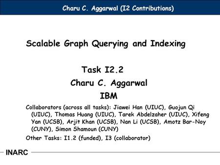 INARC Charu C. Aggarwal (I2 Contributions) Scalable Graph Querying and Indexing Task I2.2 Charu C. Aggarwal IBM Collaborators (across all tasks): Jiawei.